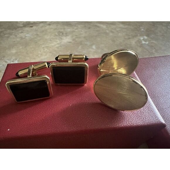 Rare Vintage Krementz Bundle Of 2 Black Onyx And Oval Cufflinks Gold plated - Picture 1 of 4